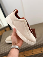 Zegna Triple Stitch Canvas and Leather Slip-On Sneakers (Off-White / Brown)