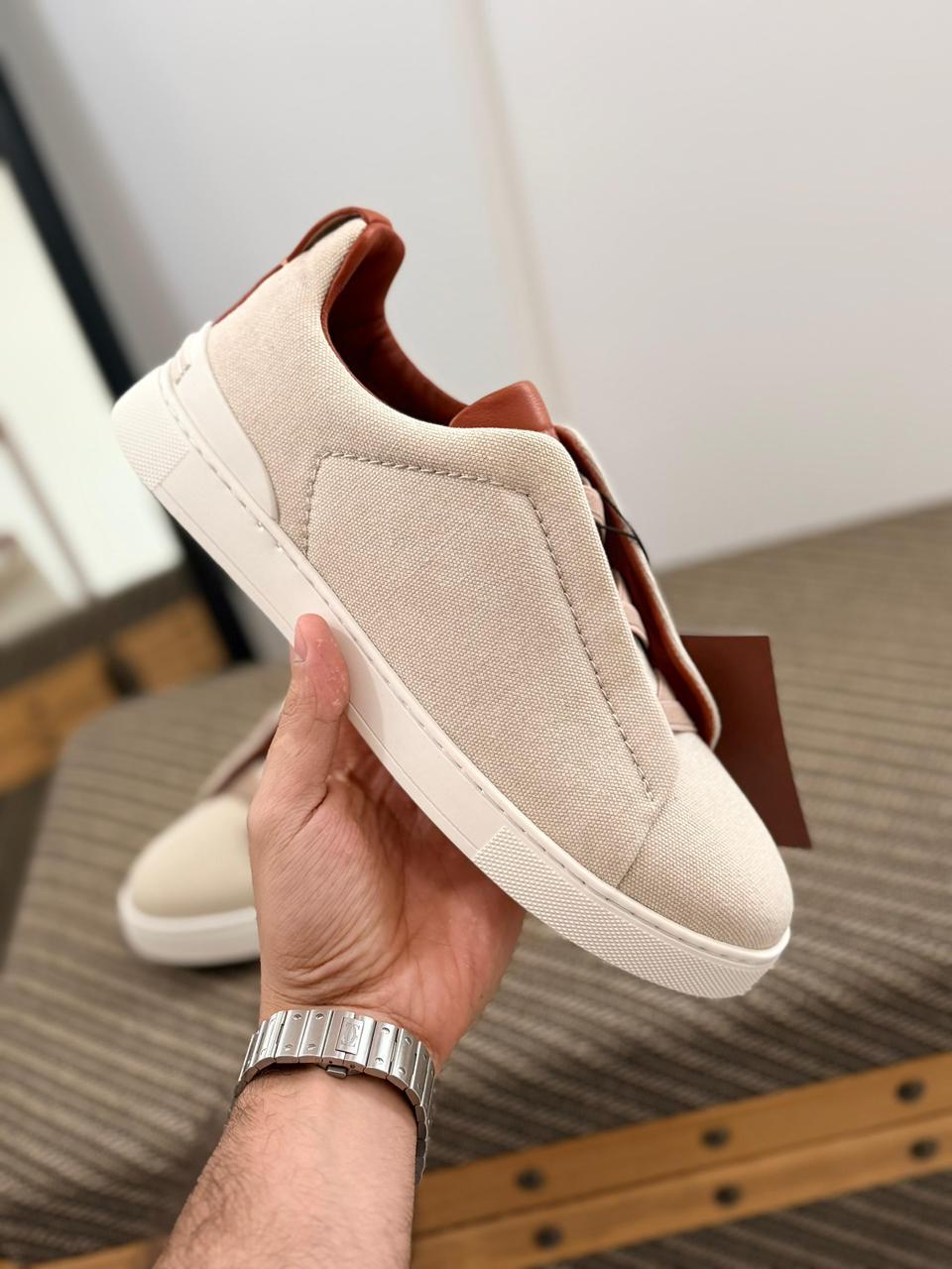 Zegna Triple Stitch Canvas and Leather Slip-On Sneakers (Off-White / Brown)