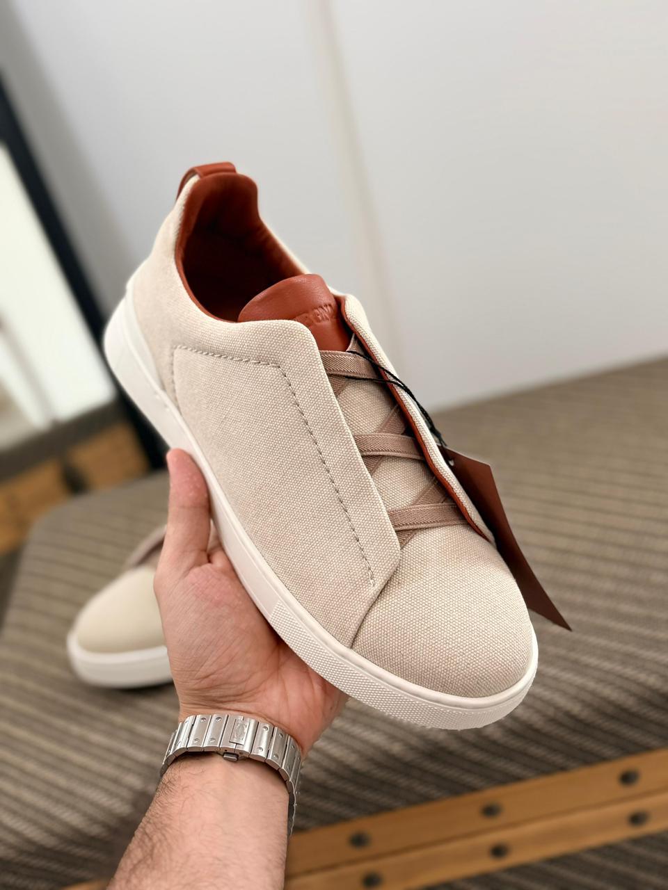 Zegna Triple Stitch Canvas and Leather Slip-On Sneakers (Off-White / Brown)