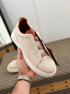 Zegna Triple Stitch Canvas and Leather Slip-On Sneakers (Off-White / Brown)