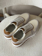 Brunello Cucinelli Mixed-Media Runner Sneaker (Beige / Light Grey / Cognac)