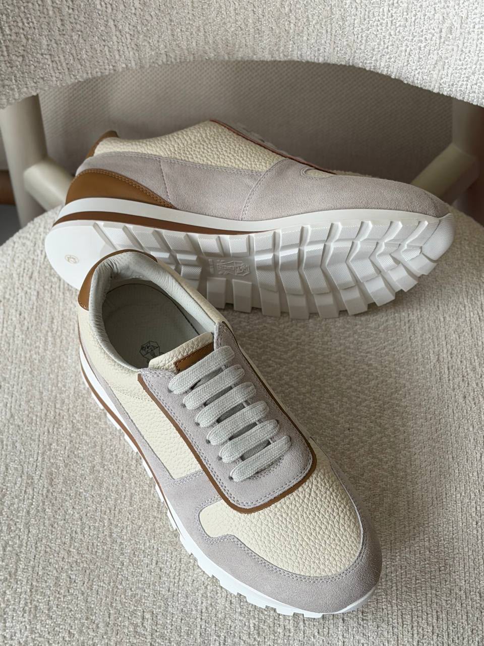 Brunello Cucinelli Mixed-Media Runner Sneaker (Beige / Light Grey / Cognac)