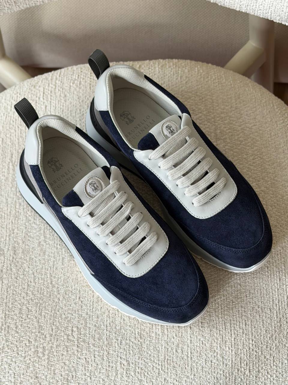 Brunello Cucinelli Suede Runner Sneaker (Navy / Light Grey / White)