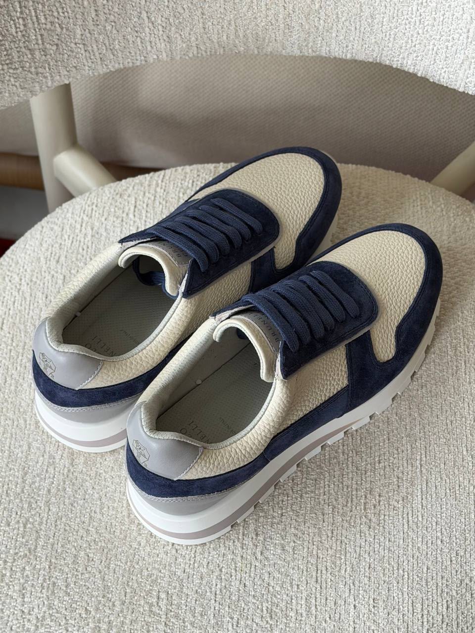 Brunello Cucinelli Mixed-Media Runner Sneaker (Beige / Navy Blue / Light Grey)