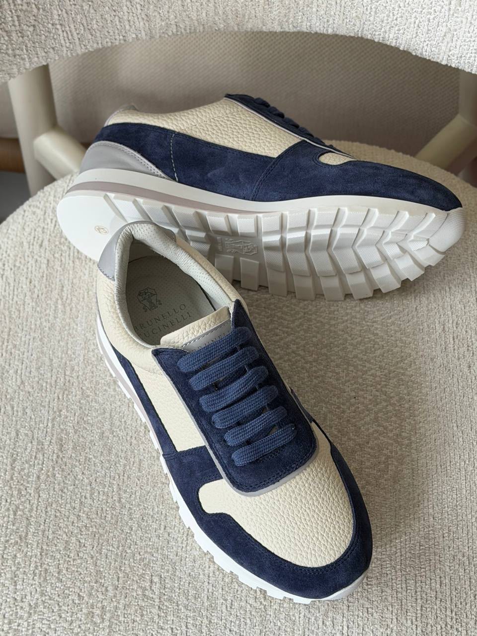 Brunello Cucinelli Mixed-Media Runner Sneaker (Beige / Navy Blue / Light Grey)