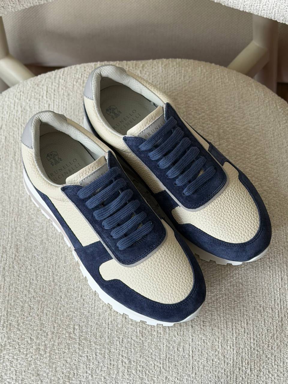 Brunello Cucinelli Mixed-Media Runner Sneaker (Beige / Navy Blue / Light Grey)