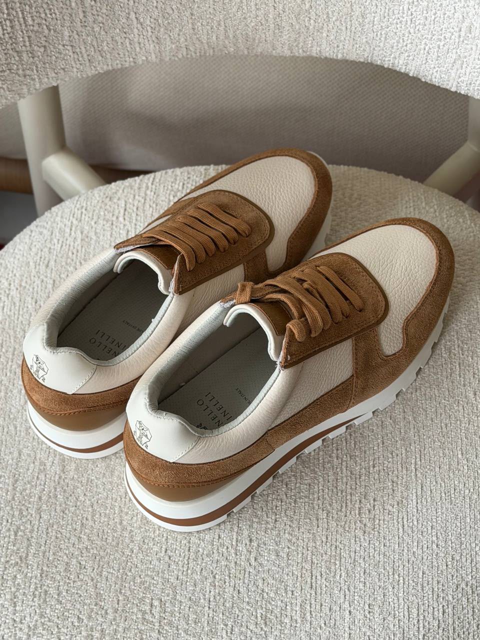 Brunello Cucinelli Mixed-Media Runner Sneaker (Beige / Cognac / Caramel Suede)