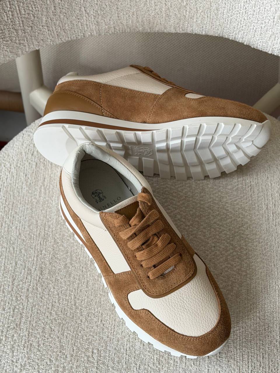 Brunello Cucinelli Mixed-Media Runner Sneaker (Beige / Cognac / Caramel Suede)