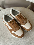 Brunello Cucinelli Mixed-Media Runner Sneaker (Beige / Cognac / Caramel Suede)