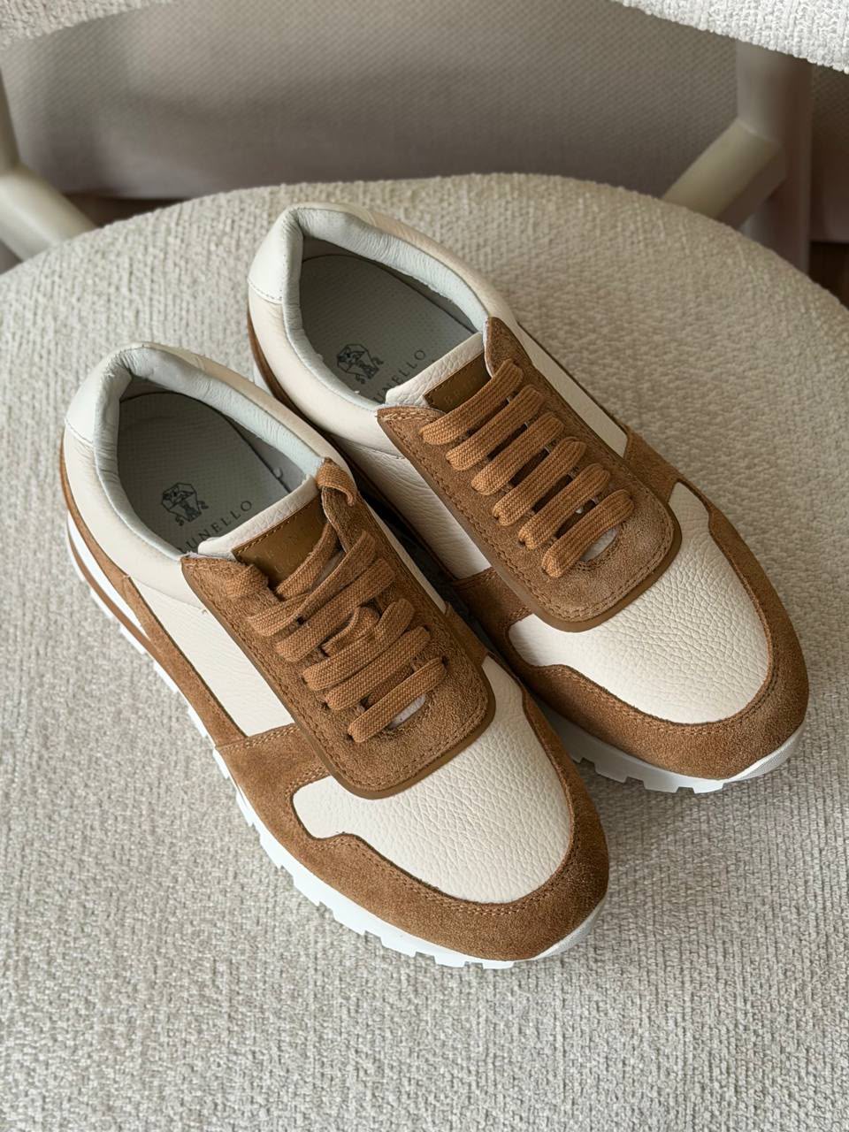 Brunello Cucinelli Mixed-Media Runner Sneaker (Beige / Cognac / Caramel Suede)