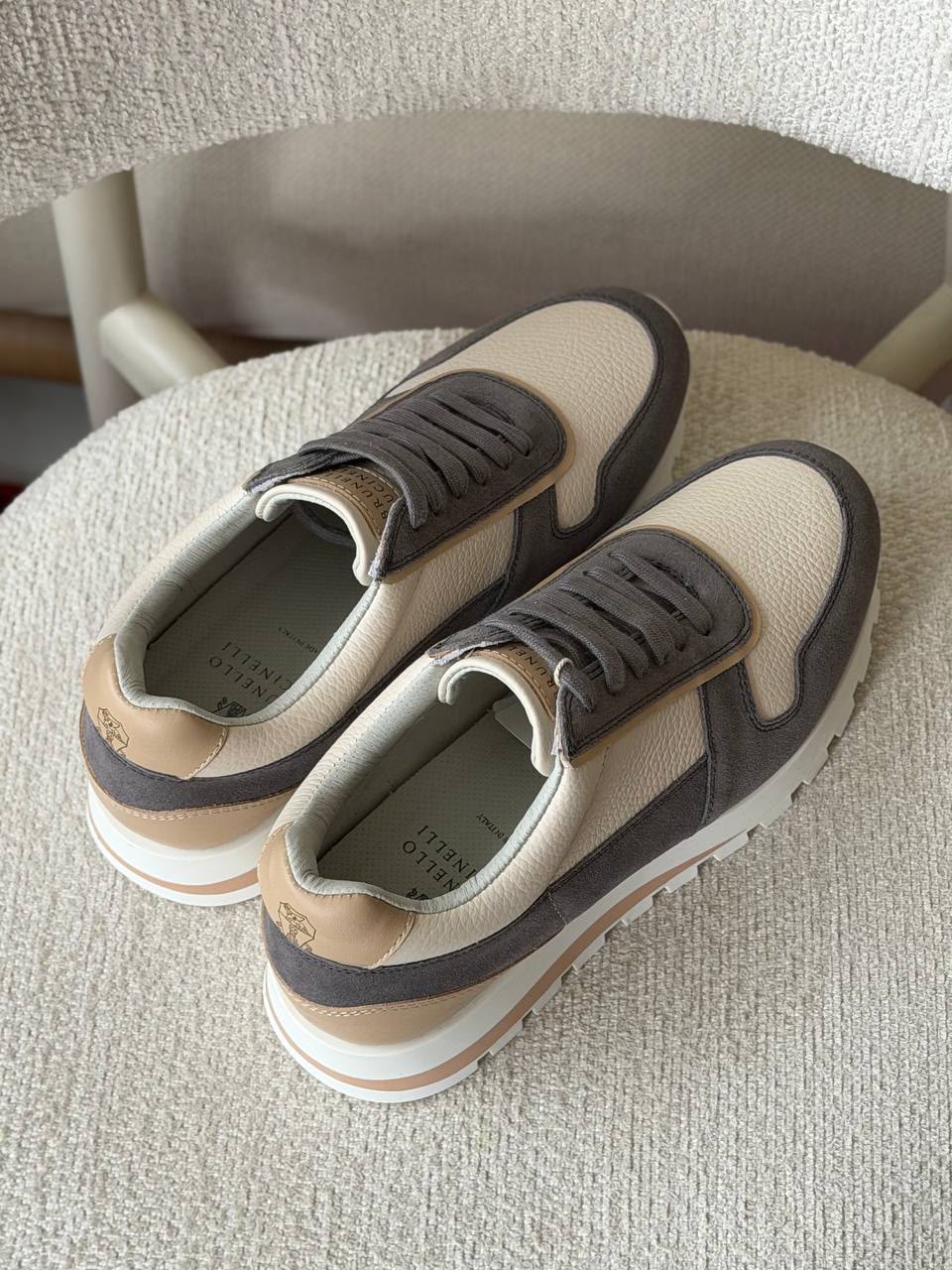 Brunello Cucinelli Mixed-Media Runner Sneaker (Beige / Charcoal Grey / Tan)