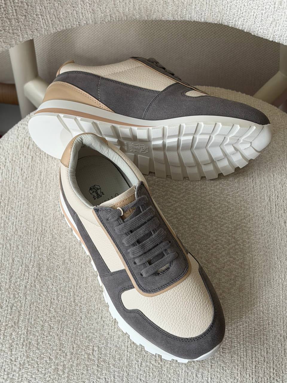 Brunello Cucinelli Mixed-Media Runner Sneaker (Beige / Charcoal Grey / Tan)
