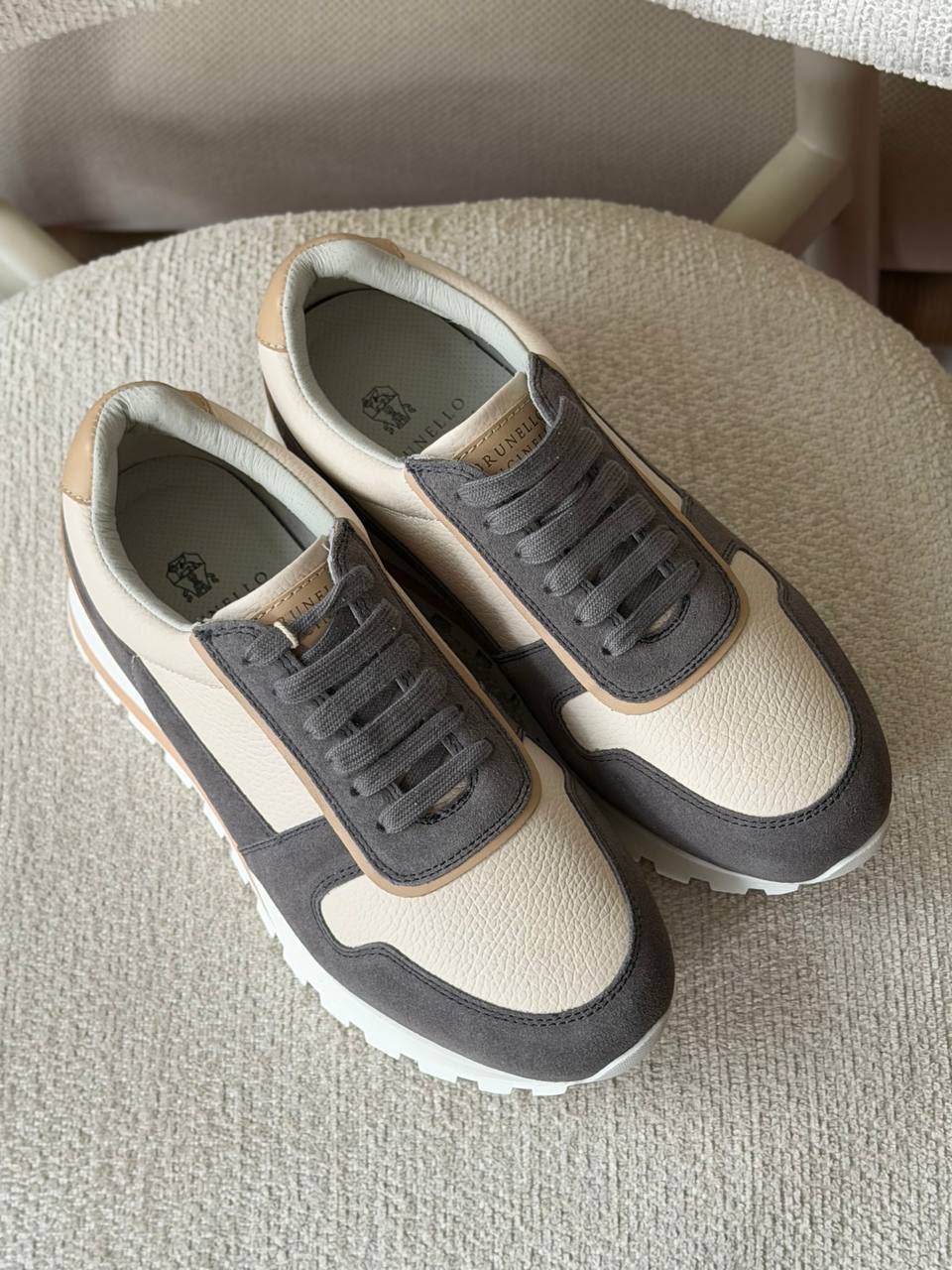 Brunello Cucinelli Mixed-Media Runner Sneaker (Beige / Charcoal Grey / Tan)