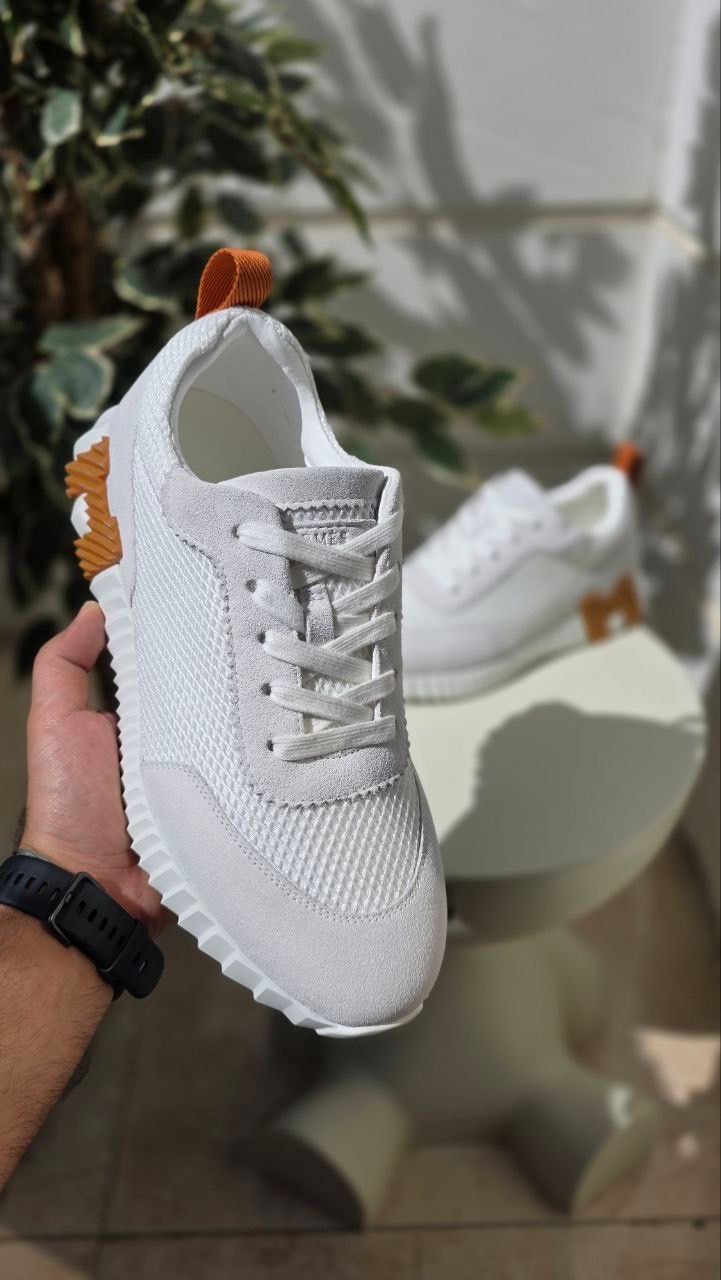 Hermes White Casual Sneakers with Orange Accent