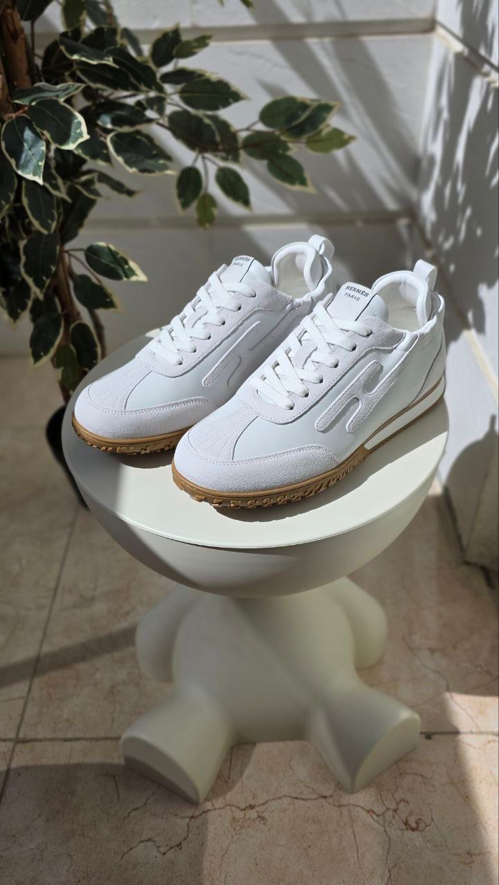 Hermes White Leather and Suede Sneakers
